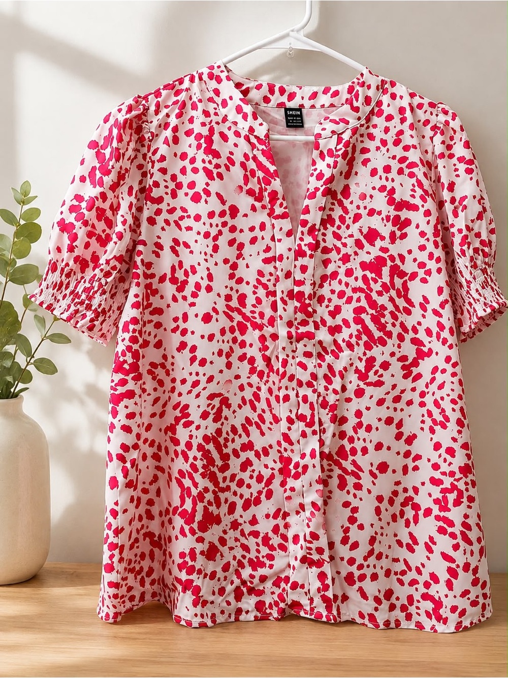 SHEIN White and Pink Dot-Print Puff Sleeve Blouse